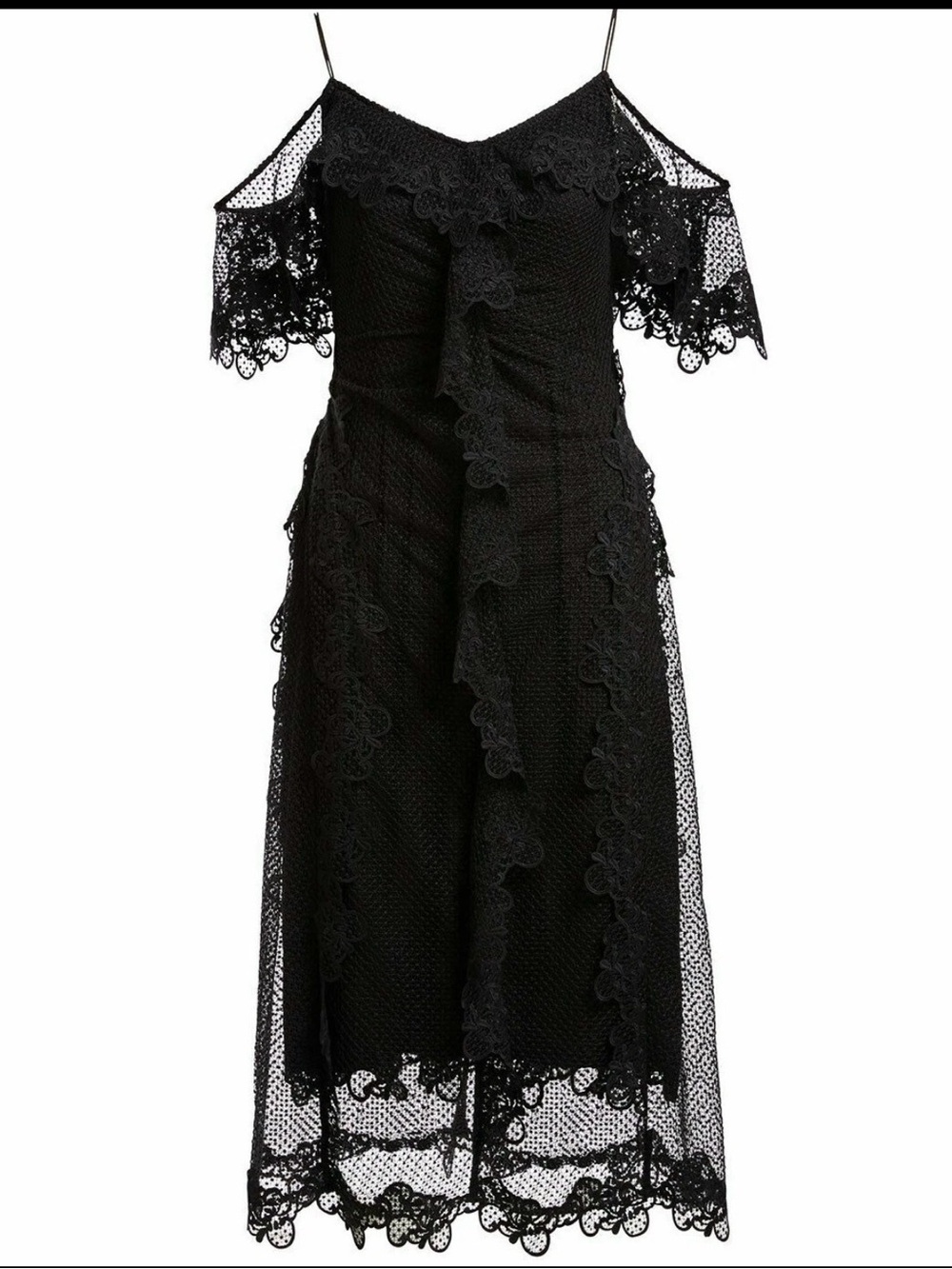 Kobi Halperin Black Lace Ruffle Cold-Shoulder Midi Dress